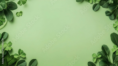 Fresh green leaves and clover frame on a pastel background
