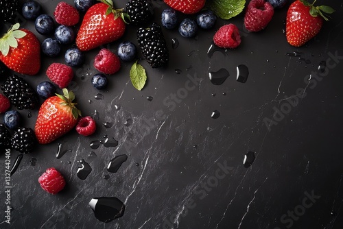 Fresh Berries on Dark Surface with Water Droplets Close Up