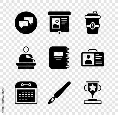 Set Speech bubble chat, Projection screen, Coffee cup to go, Calendar, Paint brush, Award, Gives lecture and Notebook icon. Vector