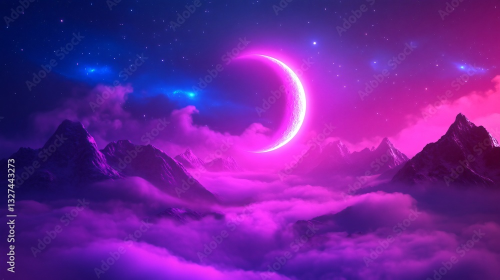 Obraz premium Vibrant cosmic landscape, swirling clouds with neon colors, glowing crescent moon illuminating surreal mountain range, dreamlike scenery for creative projects.