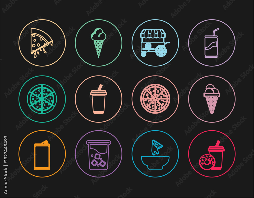 Set line Soda drink with donut, Ice cream waffle cone, Fast street food cart, Glass water, Pizza, Slice of pizza, and icon. Vector