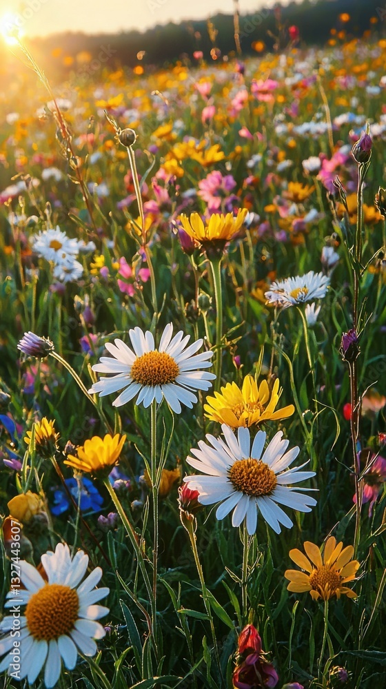 Fototapeta premium Vibrant wildflowers bathed in the golden sunlight of a summer evening. A breathtaking display of nature's beauty.