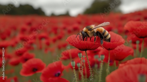 Bumblebee pollinating vibrant red poppies in a vast field