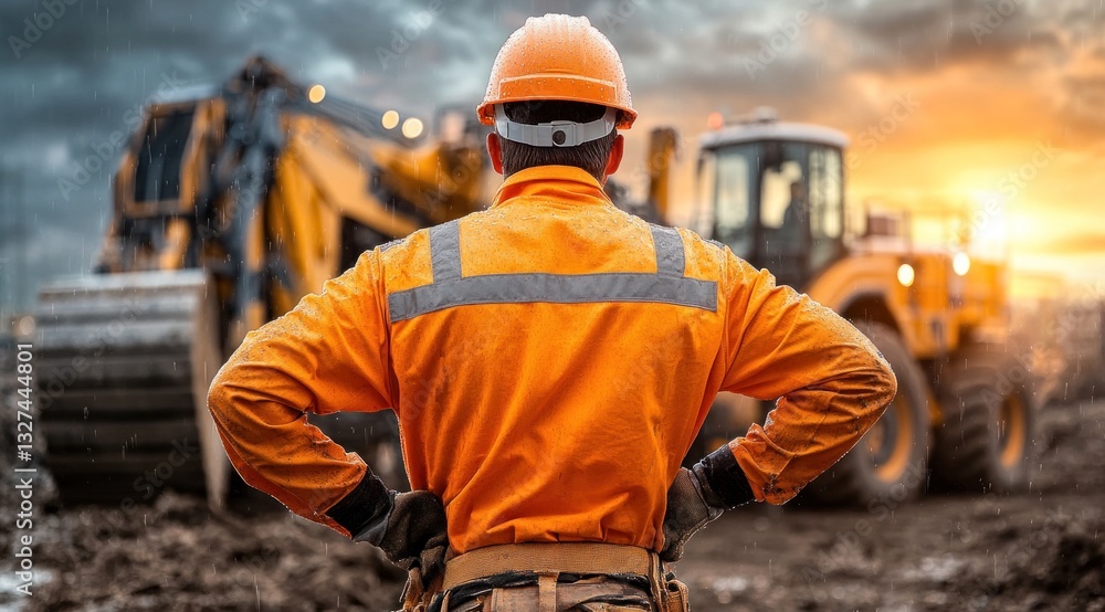 Heavy machinery is parked at a construction site as a worker in an orange safety jacket observes the surroundings during sunset. sky is filled with warm hues of orange and gray Heavy machinery is parked at a construction site as a worker in an orange safety jacket observes the surroundings during sunset. sky is filled with warm hues of orange and gray