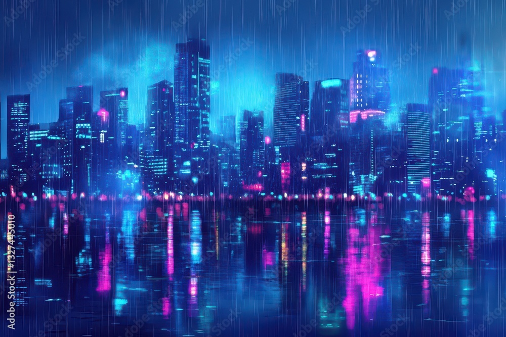 Obraz premium Illuminated urban skyline reflecting in a wet water surface