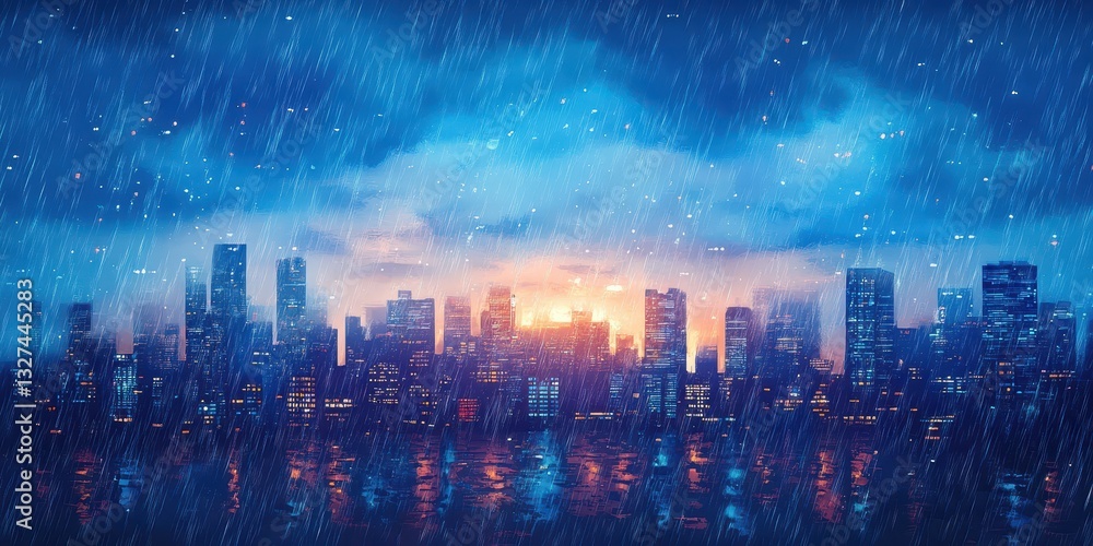 Obraz premium City skyline depicted in rain with dramatic sunset lighting