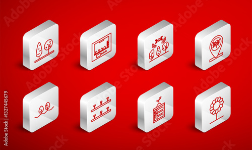 Set line Flower, Incubator for eggs, Smart farm with drone, Location and tree, farming technology, Trees, Automatic irrigation sprinklers and Plant icon. Vector