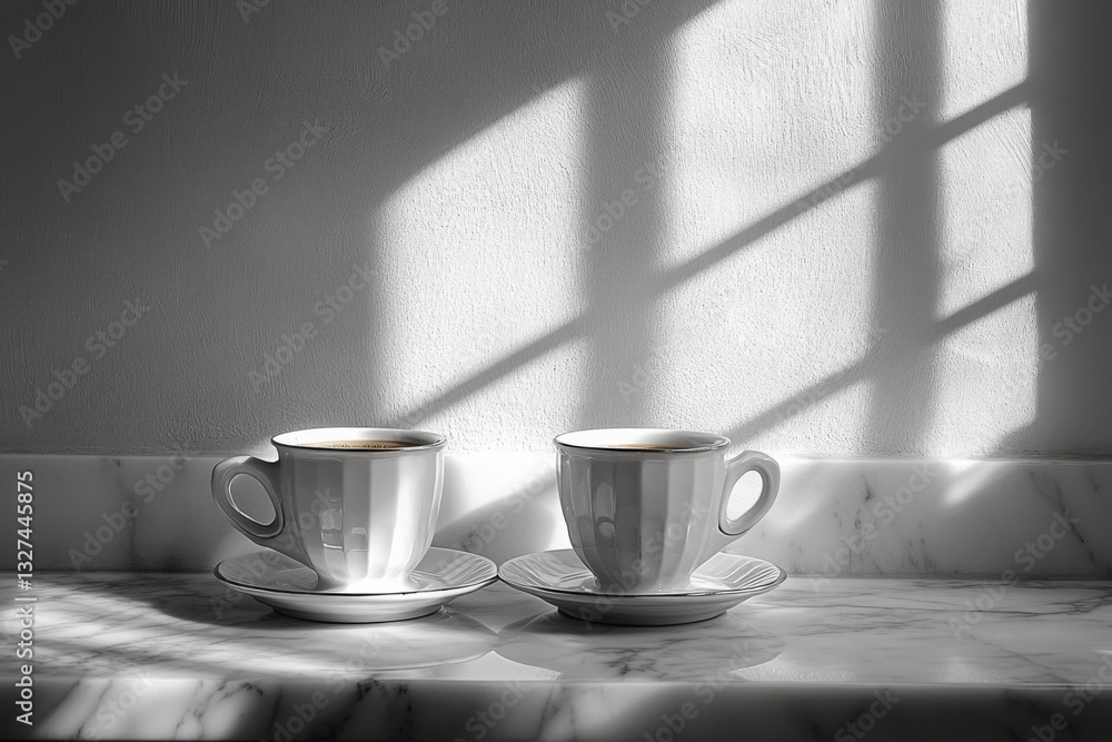Two cups of coffee on a marble surface with light shining through window Two cups of coffee on a marble surface with light shining through window