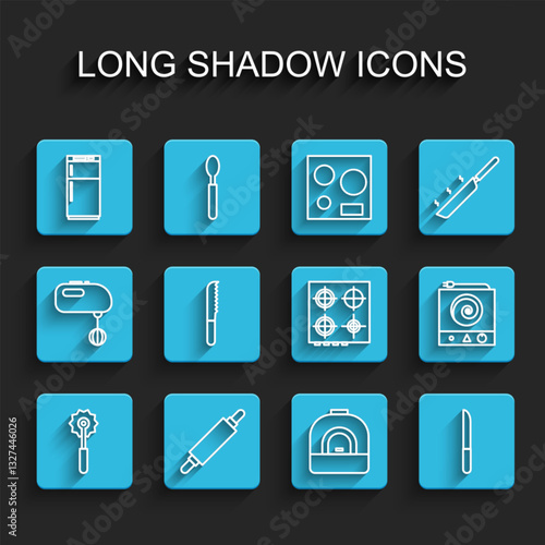Set line Pizza knife, Rolling pin, Refrigerator, Oven, Knife, Bread, Electric stove and Gas icon. Vector