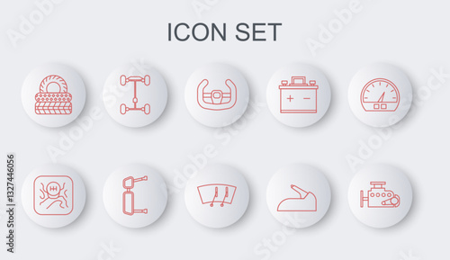 Set line Car engine, Gear shifter, Sport steering wheel, handbrake, tire, Chassis car, Truck side mirror and Windscreen wiper icon. Vector