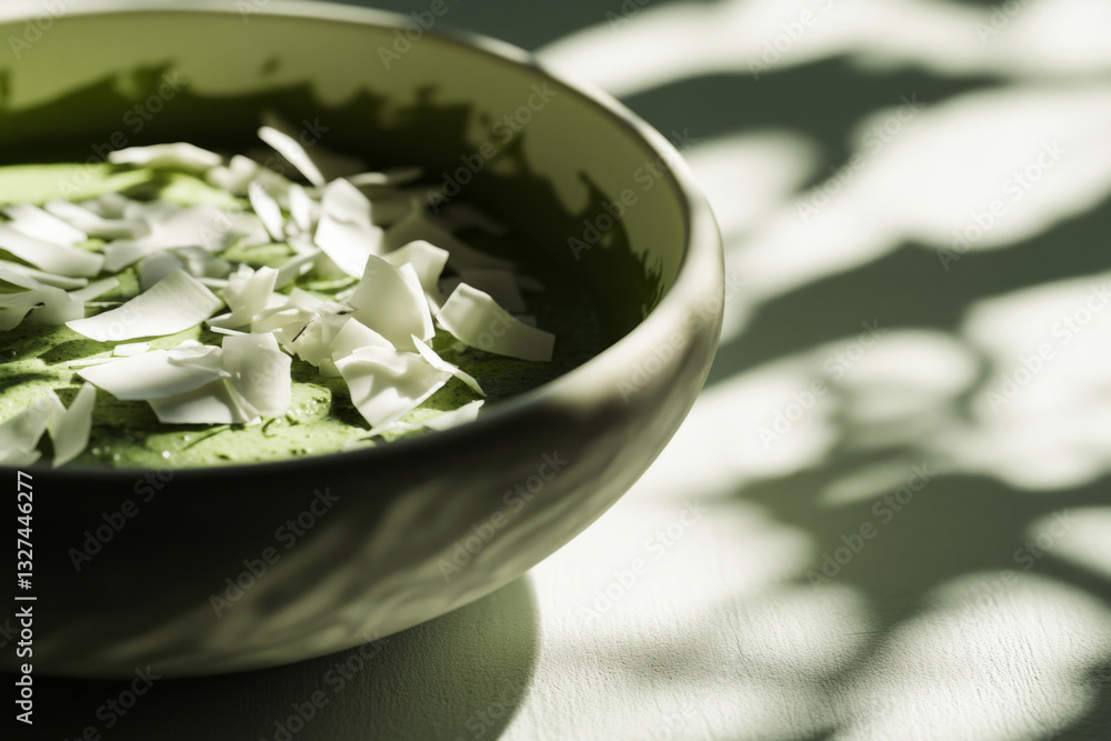 A vibrant matcha smoothie bowl garnished with crunchy nuts and sesame seeds, offering a healthy and energizing start to the day. The smooth green base contrasts beautifully with the nutty toppings A vibrant matcha smoothie bowl garnished with crunchy nuts and sesame seeds, offering a healthy and energizing start to the day. The smooth green base contrasts beautifully with the nutty toppings