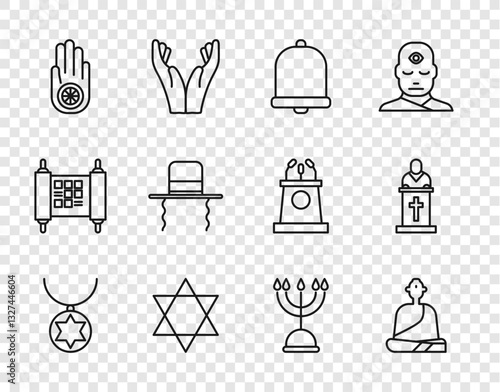 Set line Star of David necklace on chain, Buddhist monk, Church bell, Jainism or Jain Dharma, Orthodox jewish hat with sidelocks, Hanukkah menorah and pastor preaching icon. Vector