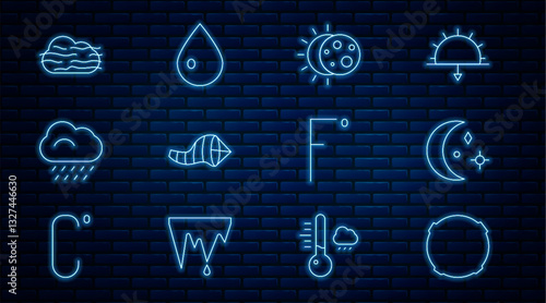 Set line Moon, and stars, Eclipse of the sun, Cone meteorology windsock wind vane, Cloud with rain, Fog cloud, Fahrenheit and Water drop icon. Vector