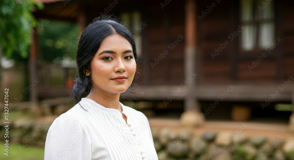 Young asian female in white dress standing outdoors near wooden house Young asian female in white dress standing outdoors near wooden house