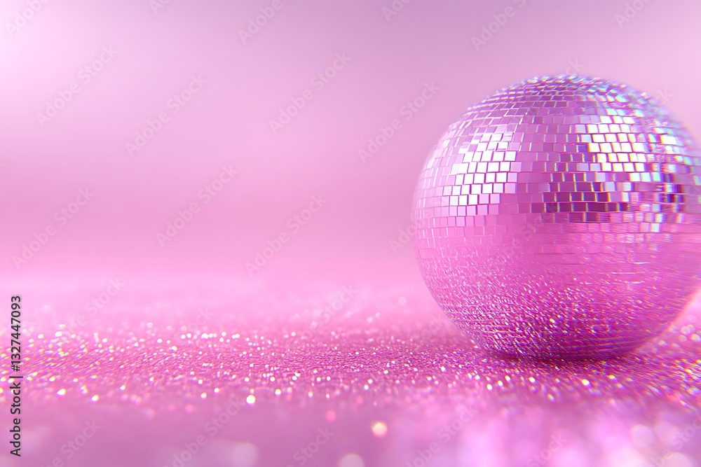Pink disco ball on glitter surface, event celebration Pink disco ball on glitter surface, event celebration