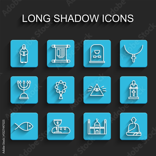Set line Christian fish, First communion symbols, Monk, Muslim Mosque, Buddhist monk, Rosary beads religion, Church pastor preaching and Masons icon. Vector