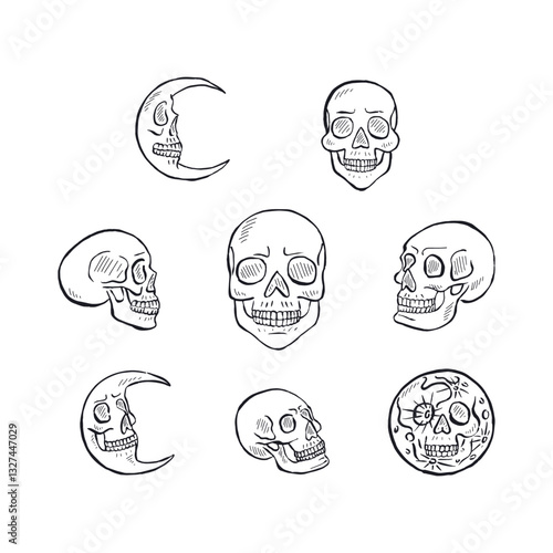 Hand drawn black and white line art human skulls set isolated on white background. Monochrome skeleton head designs bundle