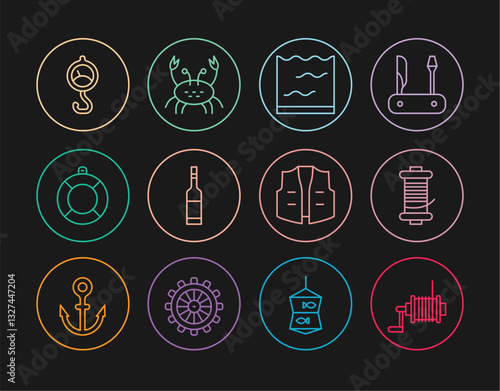 Set line Spinning reel for fishing, Aquarium, Bottle of vodka, Lifebuoy, Spring scale, Fishing jacket and Crab icon. Vector