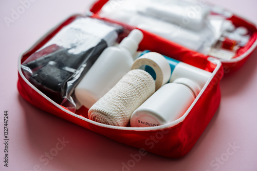 Fotografie Essential Travel Toiletries Kit A compact, organized selection of beauty and per