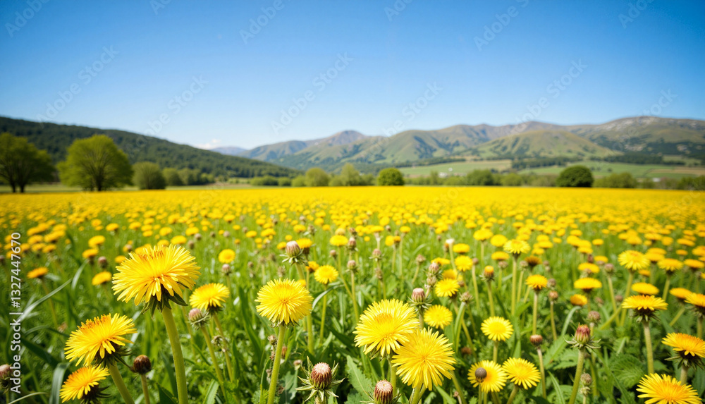 Vibrant dandelion field under bright blue sky, celebration of nature Vibrant dandelion field under bright blue sky, celebration of nature
