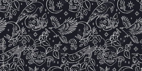 Black and white Seamless pattern with hand drawn inky ravens or crows sitting on human skulls. Monochrome Celestial Skeleton heads in forest foliage repeat background. Night sky wallpaper