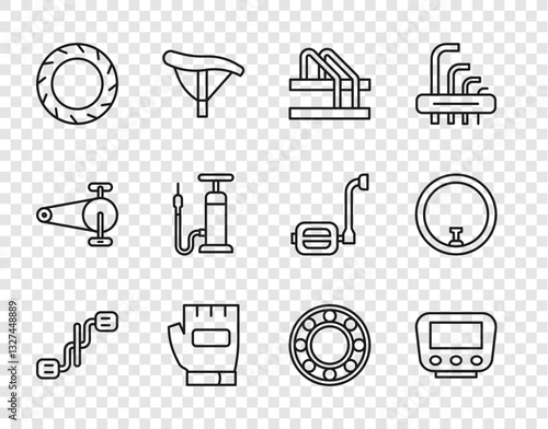 Set line Bicycle pedals, speedometer, parking, Gloves, wheel tire, air pump, ball bearing and icon. Vector