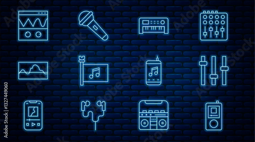 Set line Music player, equalizer, synthesizer, festival flag, wave, Oscilloscope, and Microphone icon. Vector