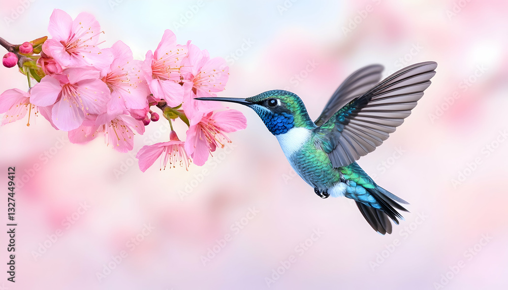 Fototapeta premium Hummingbird in flight, feeding on pink cherry blossoms