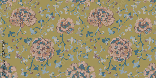 Watercolor style chinoiserie seamless pattern with brown flowers. Ginger jar loose floral repeat design. Chinese traditional abstract blooms art print.