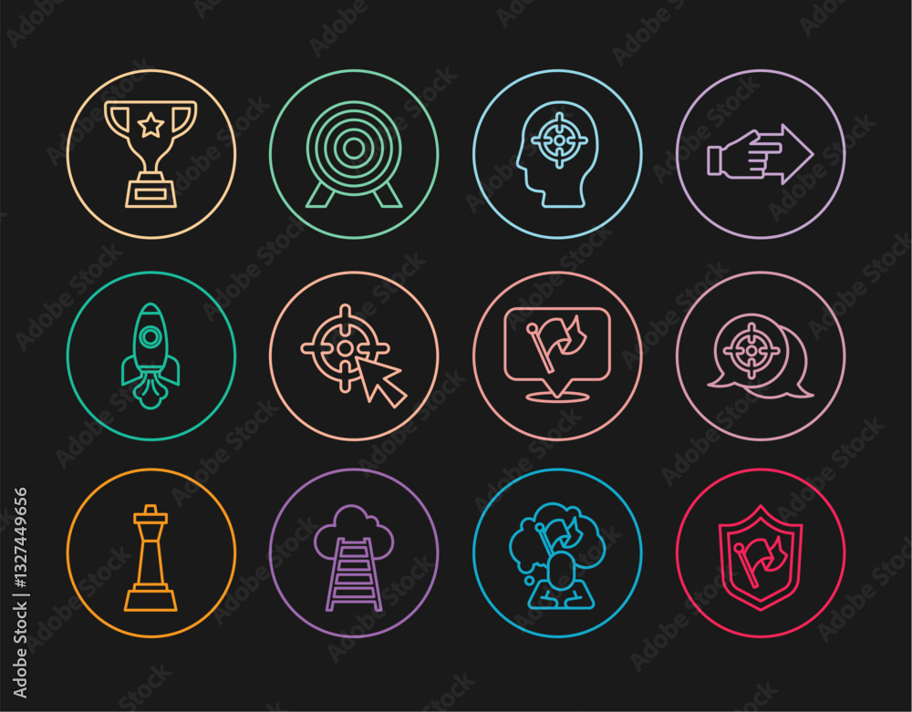 Set line Shield with flag, Target, Head hunting, Rocket ship, Award cup, Flag and icon. Vector Set line Shield with flag, Target, Head hunting, Rocket ship, Award cup, Flag and icon. Vector