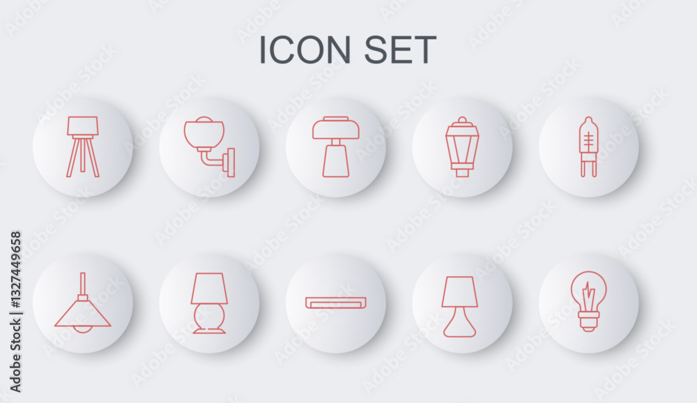 Set line Light bulb, Lamp hanging, Table lamp, Floor, Wall sconce, and Fluorescent icon. Vector Set line Light bulb, Lamp hanging, Table lamp, Floor, Wall sconce, and Fluorescent icon. Vector