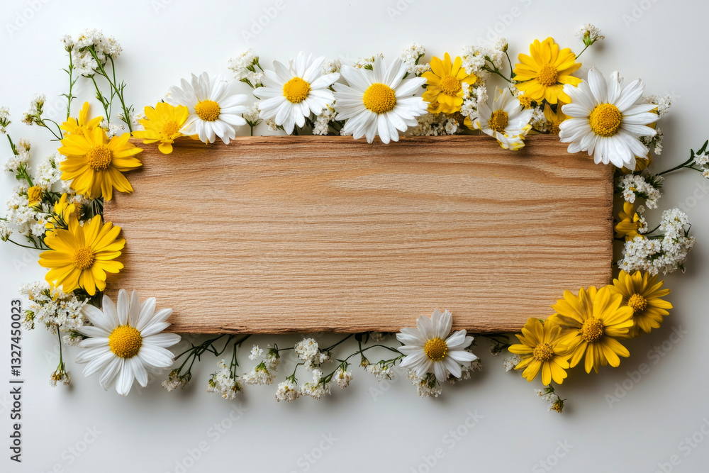 Obraz premium A top view of wild yellow and white flowers arranged around an empty space for text, framed naturally with a white background, offering a fresh, minimalistic vibe