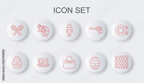 Set line Honeycomb, Hive for bees, Beekeeper with protect hat, dipper stick, Stack of pancakes and icon. Vector