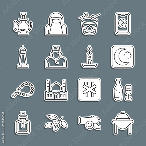 Set line Table food, Wine bottle with glass, Star and crescent, Ramadan drum, Muslim man, Mosque tower or minaret, Hookah and Burning candle icon. Vector