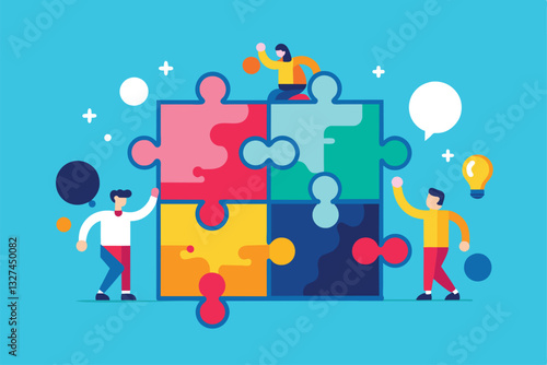 Three individuals engage in teamwork as they assemble a colorful puzzle, enhancing collaboration and creativity, teamwork partnership puzzle structuring