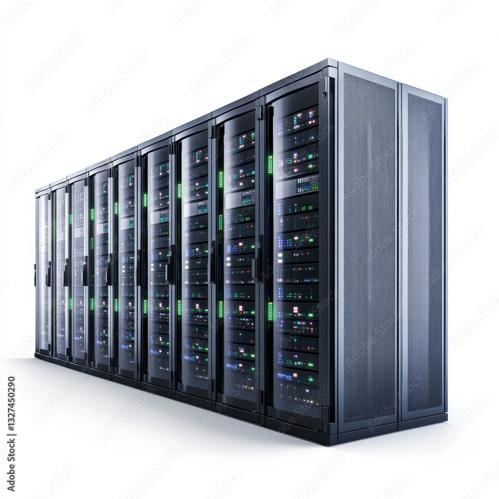 Modern Data Center Server Racks Illuminated Interior, Dark Gray Metal, White Background Modern Data Center Server Racks Illuminated Interior, Dark Gray Metal, White Background