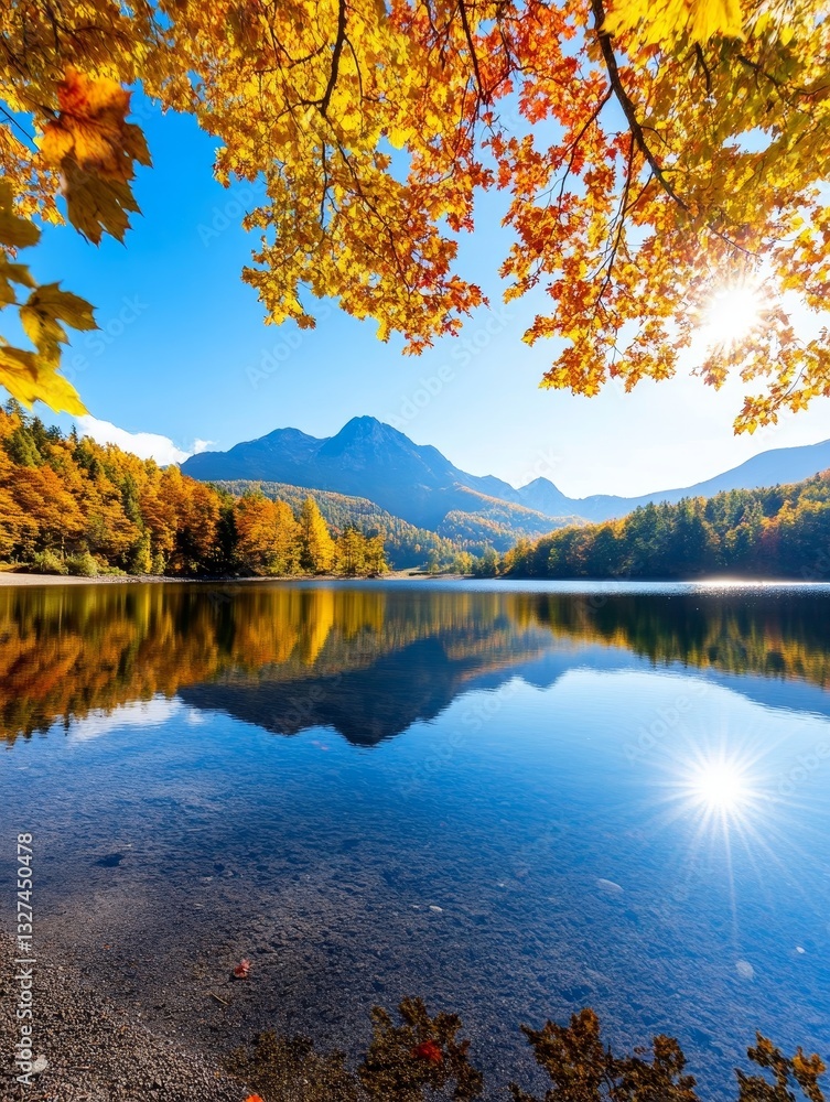 Fototapeta premium Autumn Lakeside Serenity - Peaceful autumn scene, lake reflecting colorful trees and mountains. Symbolizes tranquility, nature's beauty, seasonal change, reflection, and serenity