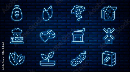 Set line Flour pack, Windmill, Seed, Plant sprouts grow the rain, Bag of flour, Manual coffee grinder and icon. Vector