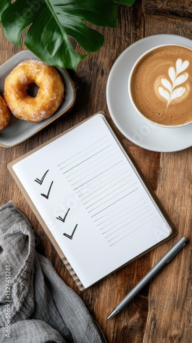 A cozy wooden table features a checklist, a steaming cup of coffee, and a scrumptious doughnut, perfect for planning and indulging