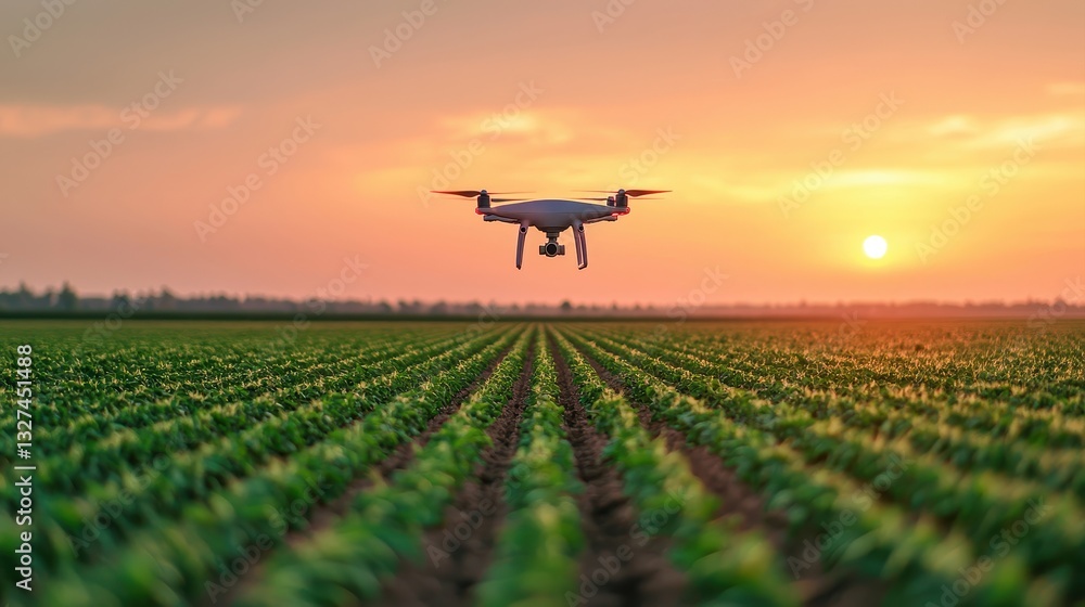 A drone hovers over a lush green field during sunset, showcasing agricultural technology in action. A drone hovers over a lush green field during sunset, showcasing agricultural technology in action.