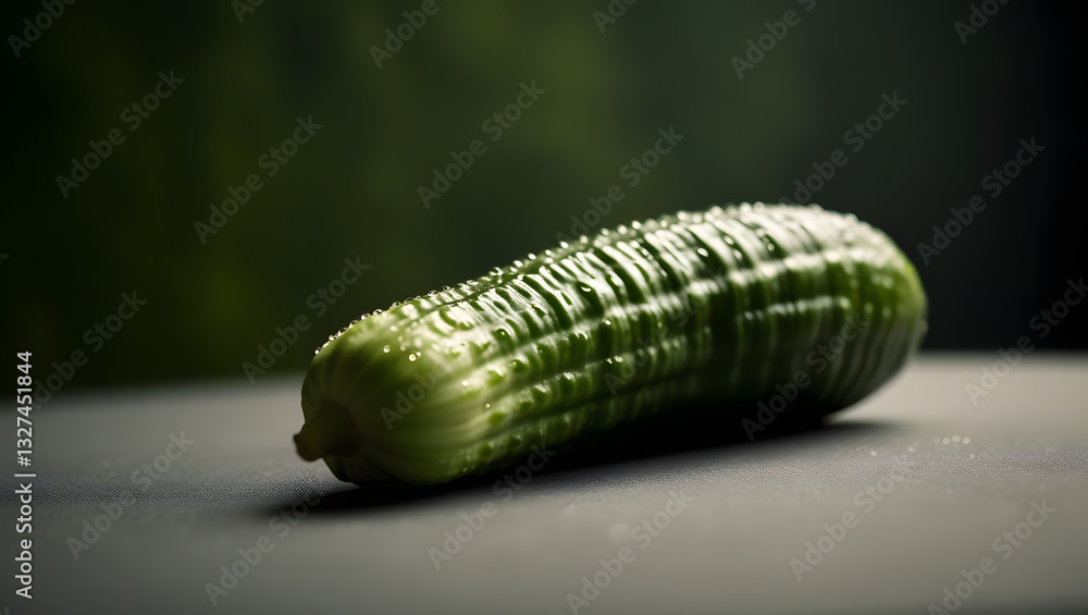 Obraz premium a highly detailed, shallow-depth-of-field, cinematic photo capturing a close-up of a lone, fresh, and vibrant green cucumber, its ridged and waxy skin glistening with subtle beads of dew, set against 