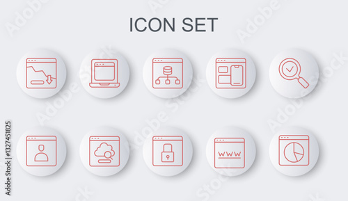 Set line Graph chart infographic, Server, Data, Browser window, Financial growth decrease, Laptop with browser, Cloud technology data transfer and Secure your site HTTPS, SSL icon. Vector