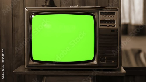 Vintage TV With Green Screen Turning On and Off by Remote Control, Sepia Tone - 100% Real and Not AI-Generated - 4K