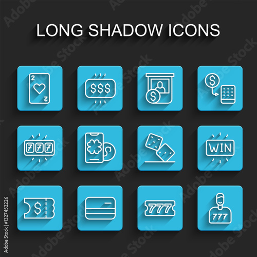 Set line Lottery ticket, Credit card, Playing with heart, Lucky player, Online poker table game, Casino win and Game dice icon. Vector