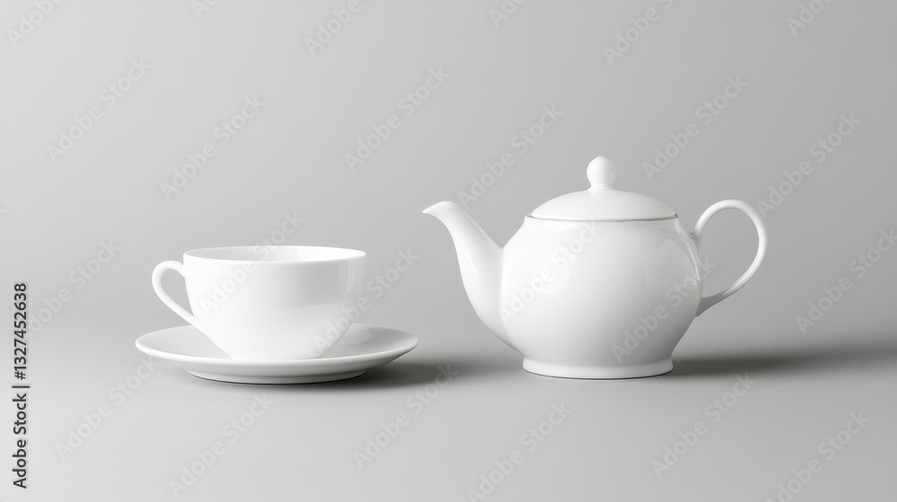 Elegant White Tea Set - A pristine white teapot and teacup set against a gray background. Perfect for a minimalist aesthetic Elegant White Tea Set - A pristine white teapot and teacup set against a gray background. Perfect for a minimalist aesthetic