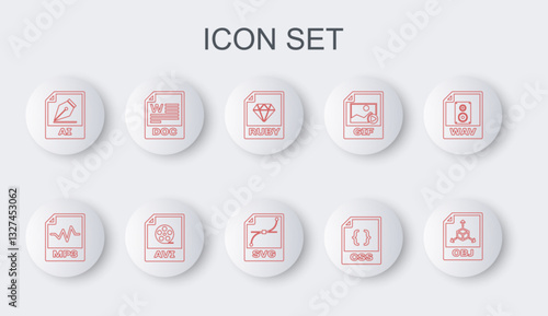 Set line OBJ file document, MP3, RUBY, CSS, AI, DOC, AVI and SVG icon. Vector