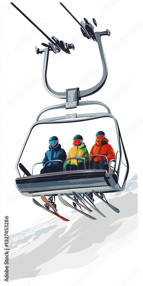 Three Skiers Ascending Snowy Mountain on Chairlift