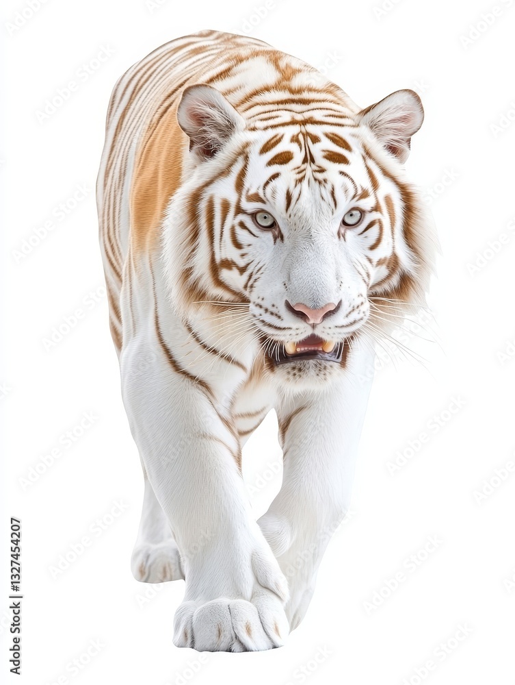 Obraz premium Majestic Golden White Tiger - A stunning golden white tiger walks towards the camera, its stripes subtly visible against its creamy white fur. A captivating of wildlife