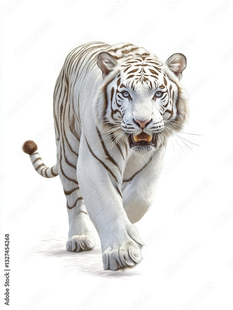 Obraz premium Majestic White Tiger Walking - A stunning white tiger strides forward, symbolizing power, grace, beauty, wilderness, and freedom. Its intense gaze captivates