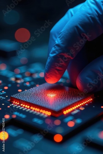 Close-up of gloved hand inspecting silicon wafer, technology, equipment, tools